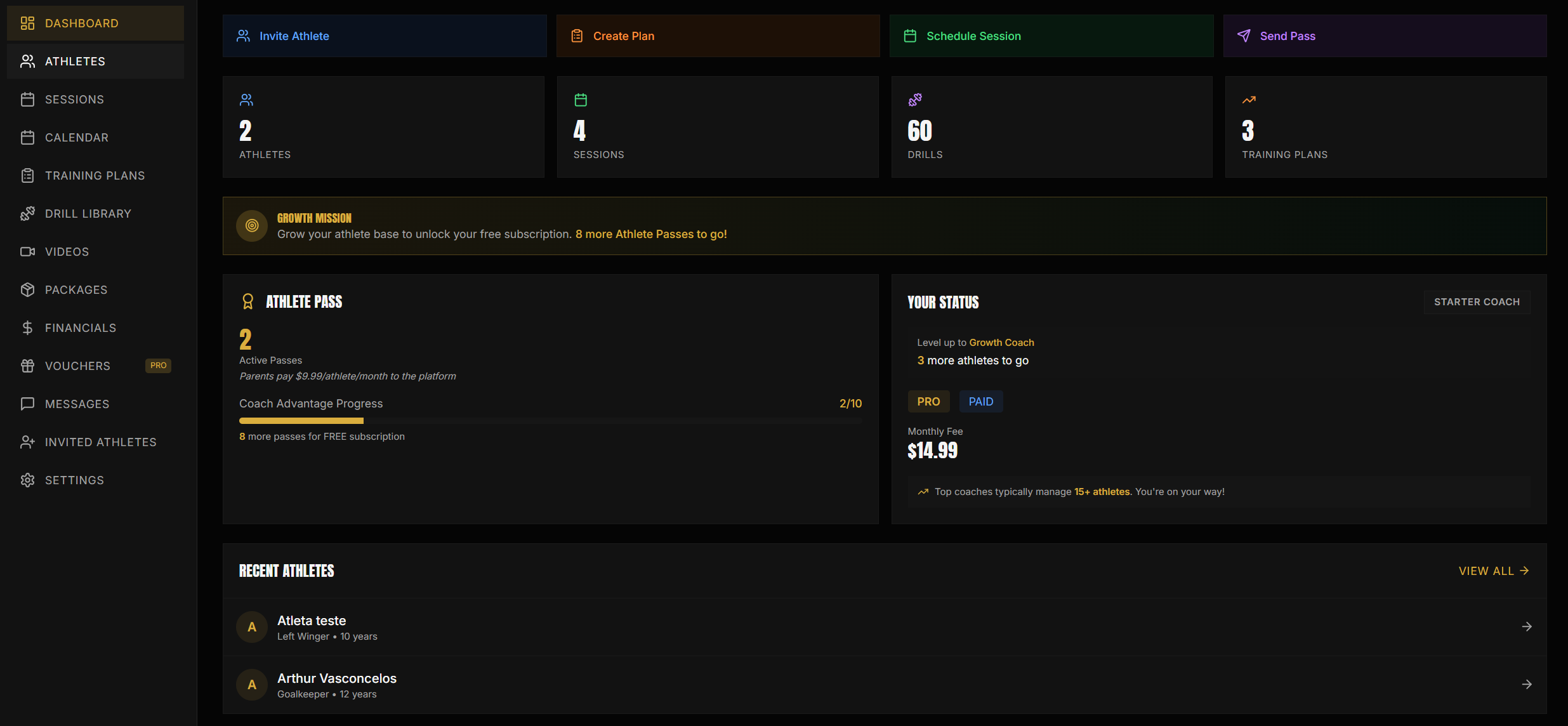 Meybra Coach Dashboard — Athletes, Sessions, Drills, Plans